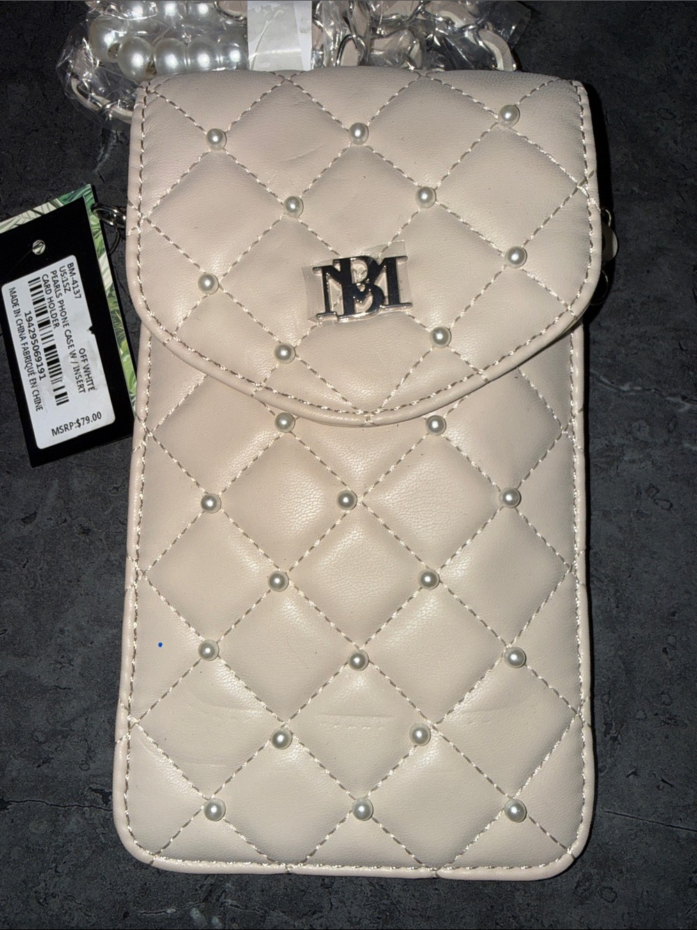 Badgley Mischka Quilted Pearl-Accent Phone Crossbody - Beige